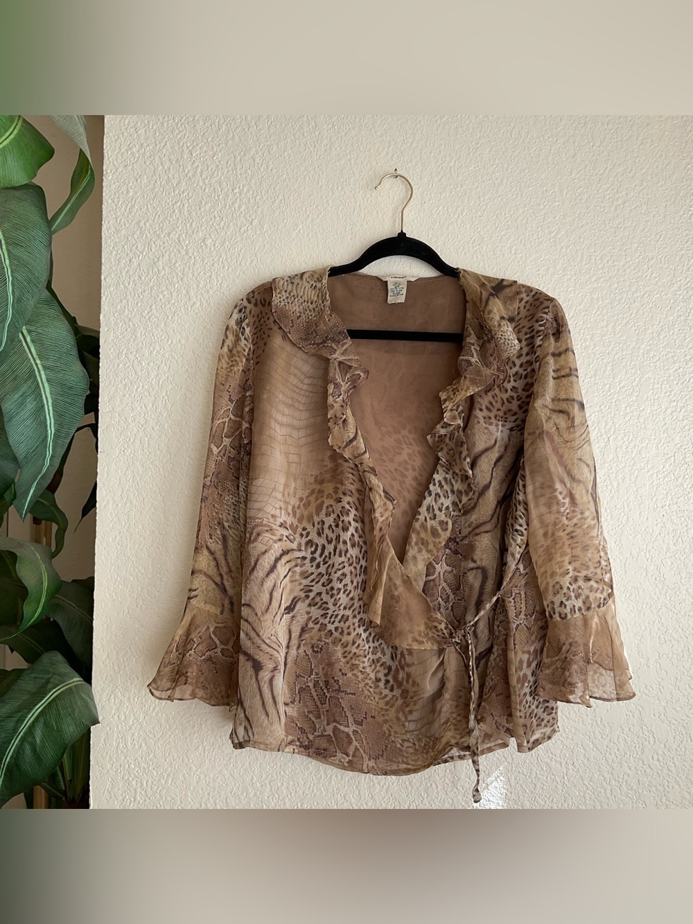 Vintage Edward Brown & tan silk leopard print blouse with ruffles